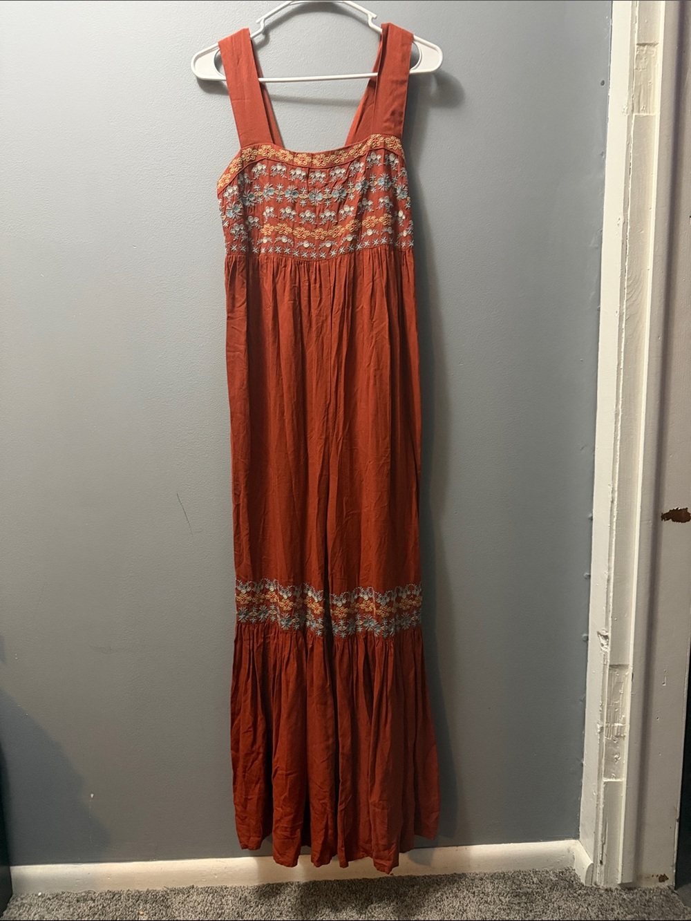 NATURAL LIFE Rust Orange Embroidered Wide Leg Boho Jumpsuit